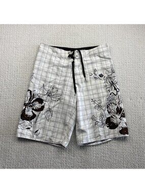 Y2K Island Haze Board Shorts Men Size 34 Plaid Floral Grunge Alt Surfer 2000's